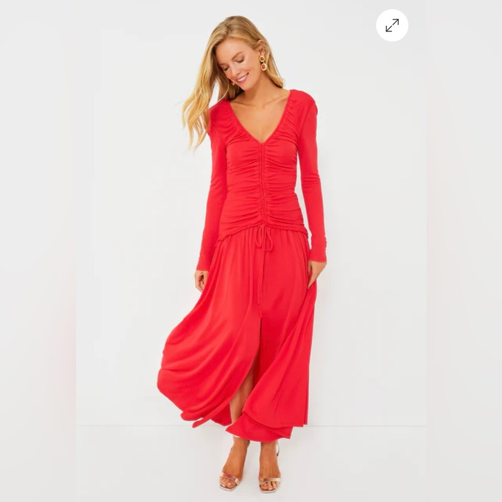 NWOT Farm Rio V Neckline Ruched Red Maxi Dress Long Sleeves Size XL